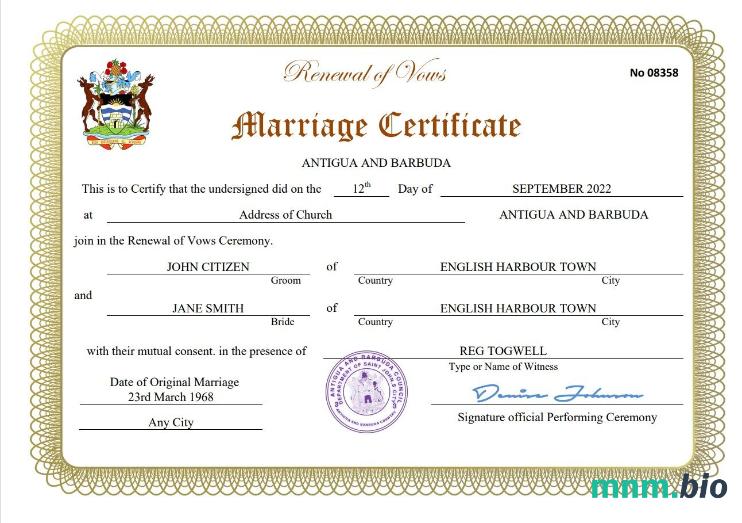 Antigua and Barbuda akt małżeństwa Word i PDF szablon